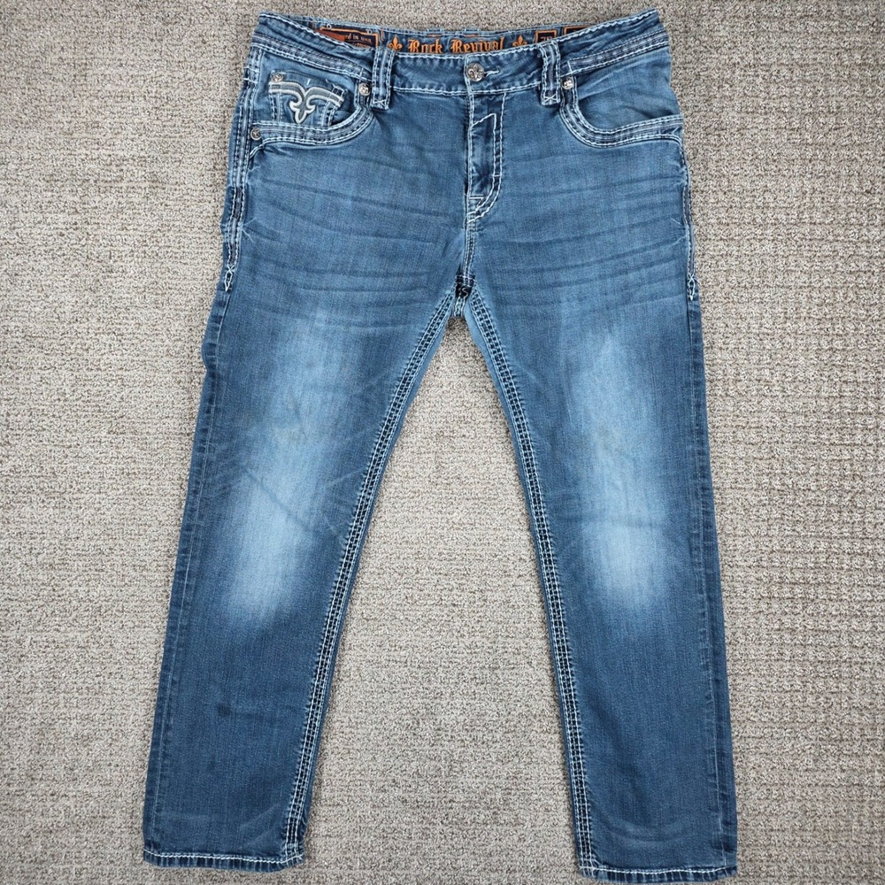 Rock Revival‎ Echter Straight Leg Jeans Mens 38x30 Blue Denim Thick Stitch Flap